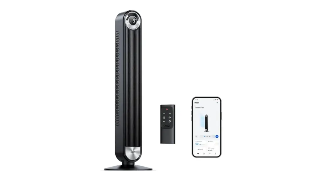 Smart tower fan on white background.