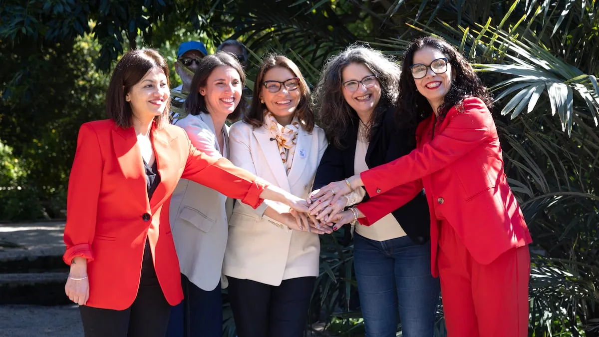 Mónica Oltra, Irene Montero, Sira Rego and Janja Lula da Silva speak at an event in Valencia