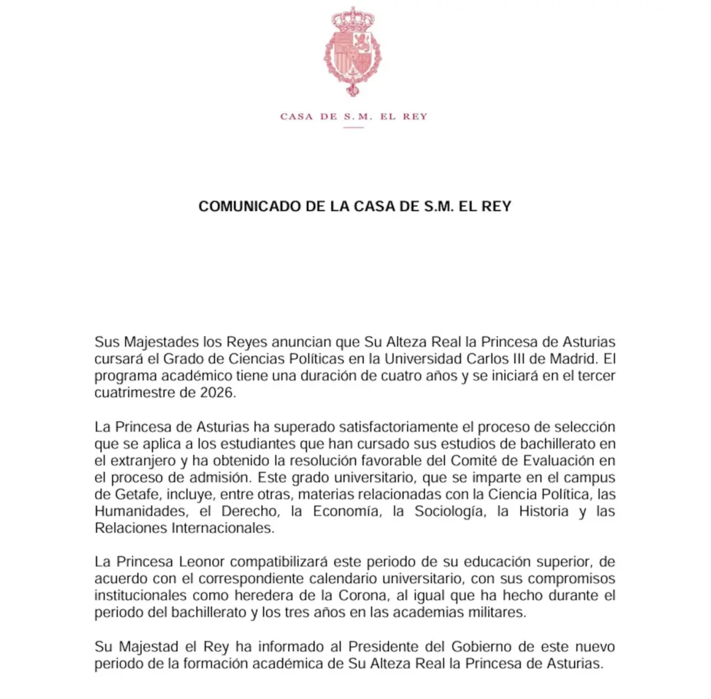 The Princess of Asturias will study Political Science at Carlos III University