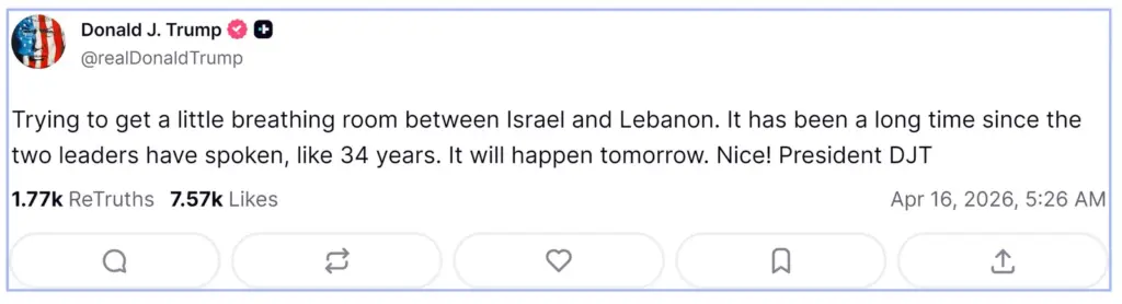 The message from US President Donald Trump this Thursday on Truth.