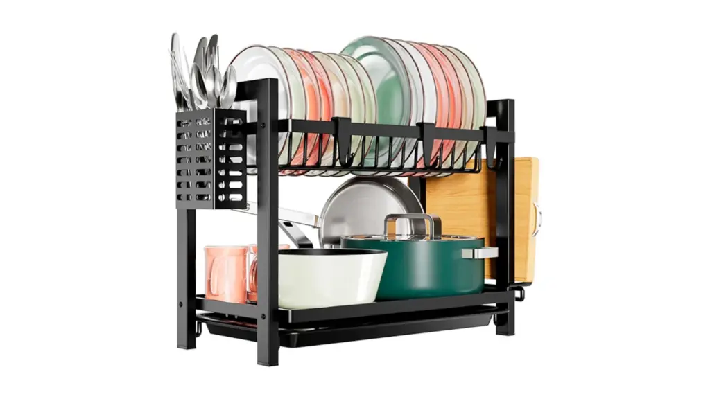 Vertical dish rack on white background.