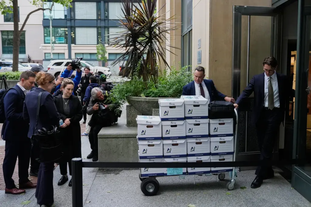 A cart loaded with boxes arrives at the Oakland court, California, on April 28, 2026.