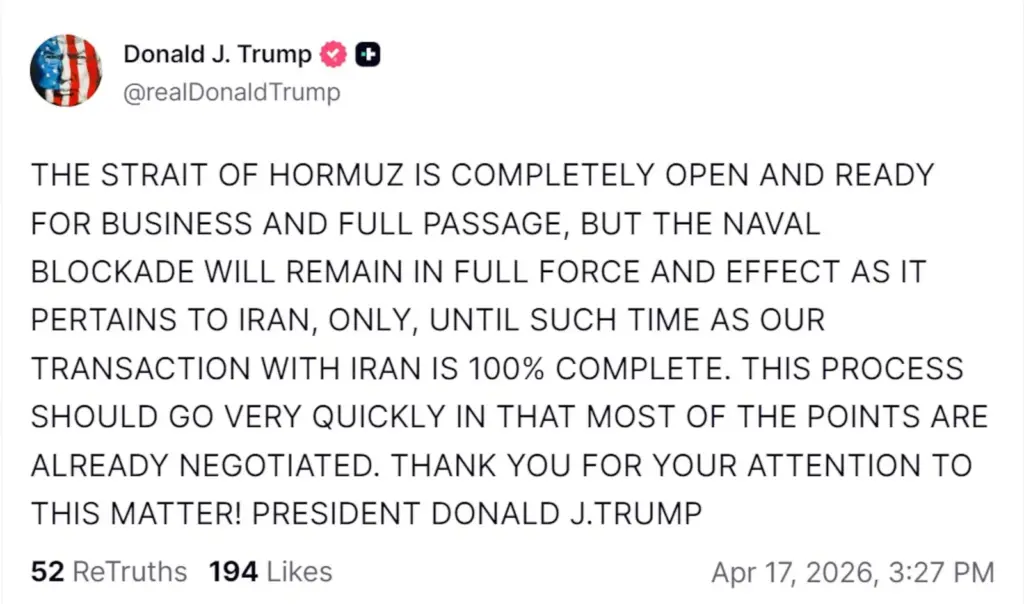 Iran announces the reopening of the Strait of Hormuz until the end of the ceasefire with the United States