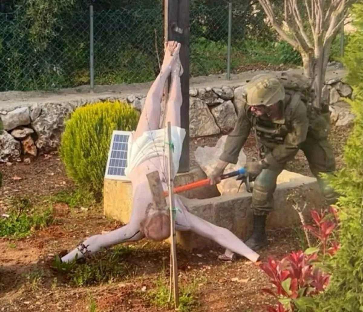 The image of an Israeli soldier knocking down a crucified Jesus Christ in Lebanon provokes an unusual lament from Netanyahu