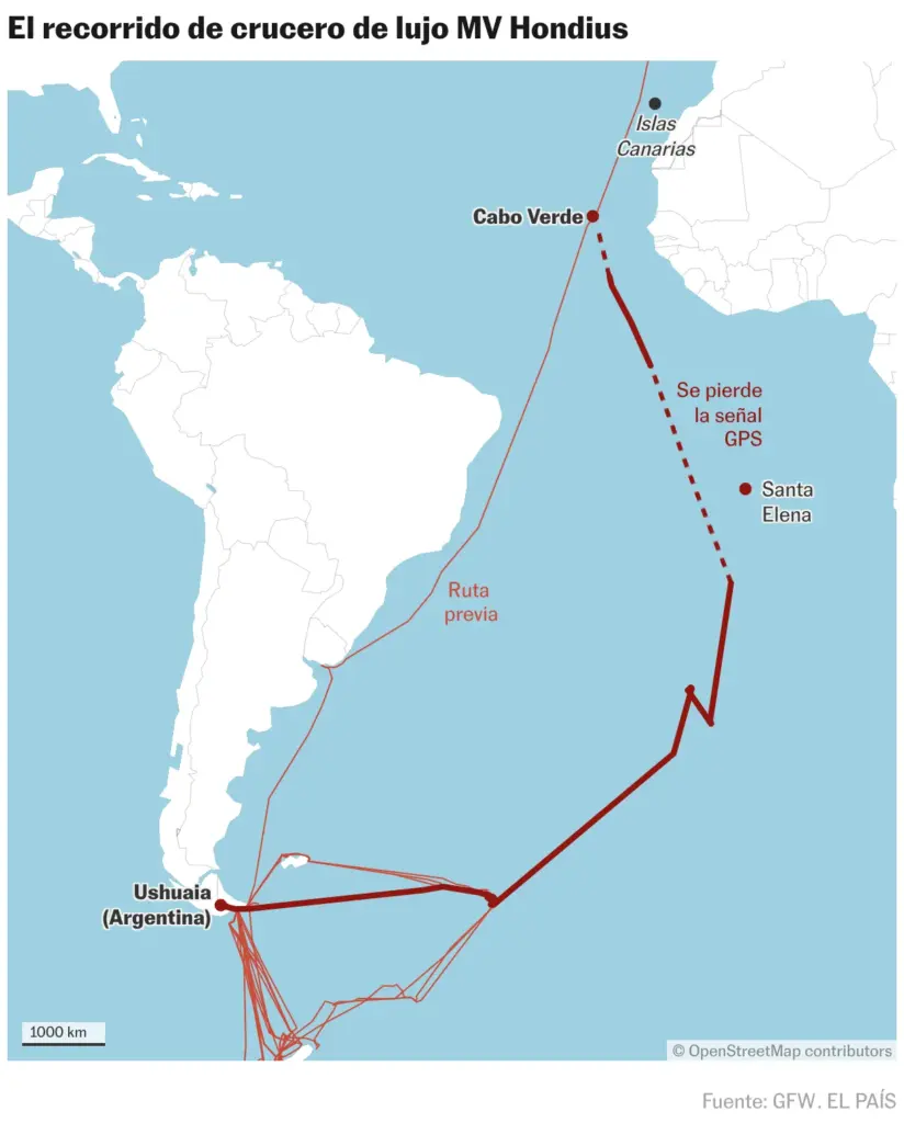 The route of luxury cruise MV Hondius (Location maps)