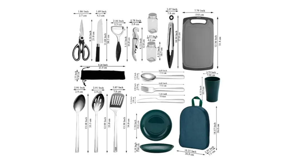 Set de utensilios de cocina sobre fondo blanco.