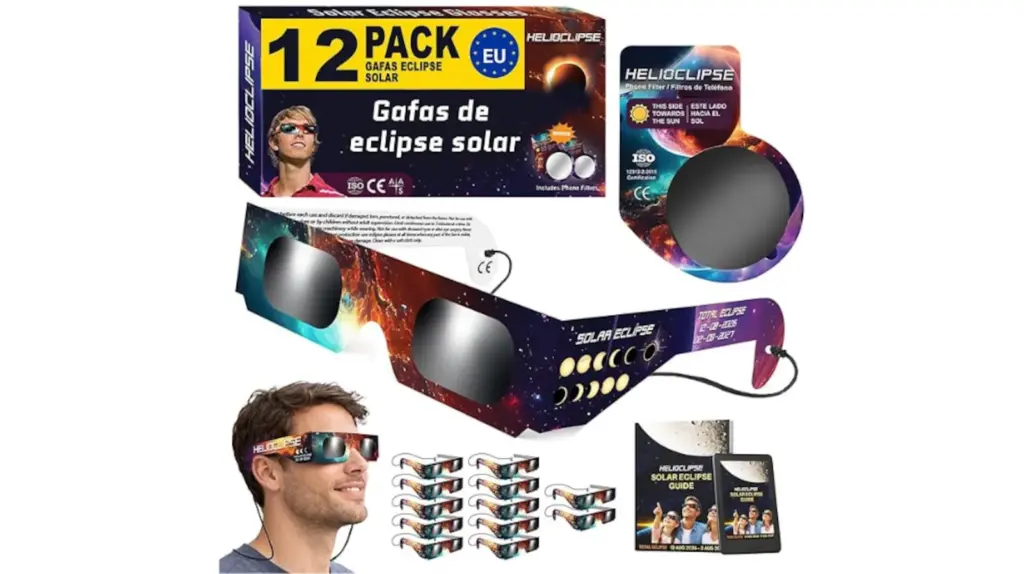 Este set de gafas homologadas para el eclipse solar incluye 12 unidades para verlo en grupo.