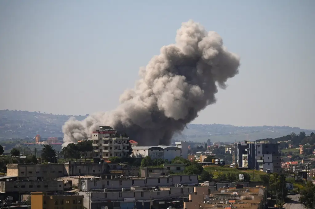 Smoke rises following an Israeli strike in Nabatieh, Lebanon, May 7, 2026. REUTERS/Stringer