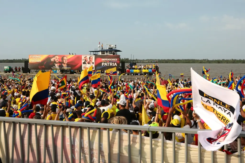 A boat with the image of Abelardo de la Espriella sails in front of the Barranquilla boardwalk during the candidate's campaign closing.