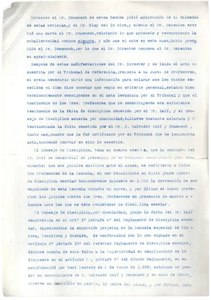Dalí at the Royal Academy of San Fernando: a rebellious and insolent student expelled permanently