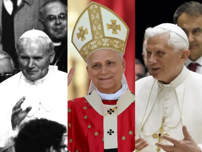 De izquierda a derecha: Juan Pablo II, en Madrid en 1982; León XIV durante la misa de Pentecostés; Benedicto XVI en su visita a España en 2010.