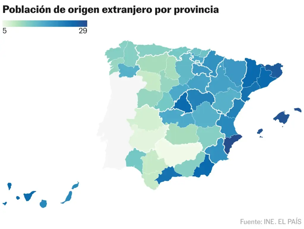 Population of foreign origin by province (Choropleth map)