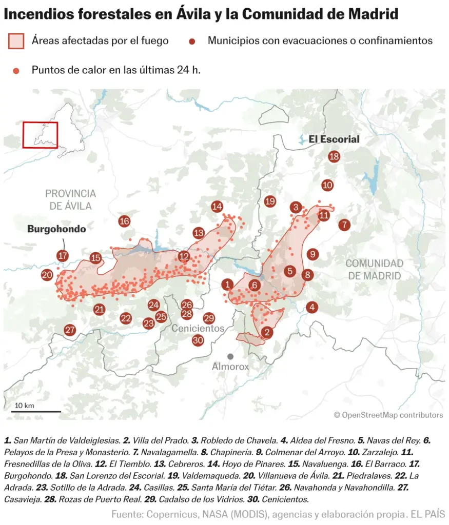 Forest fires in Ávila and the Community of Madrid (Location maps)