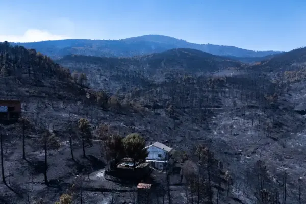 The fire's trail from a drone's view: this is what's left of the Valle de Iruelas campsite and the surroundings of the El Burguillo dam