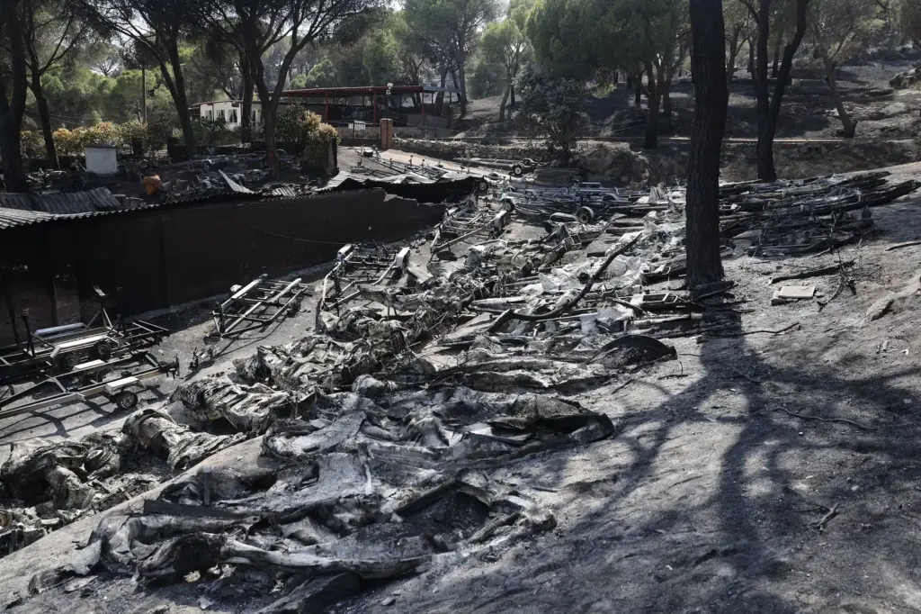 Ash, charred boats, and black water in the San Juan Reservoir after the passage of the flames