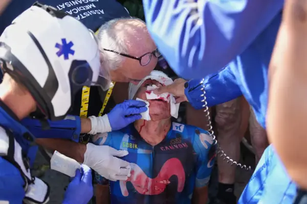 Movistar's Colombian Einer Rubio says goodbye to the Tour after violently colliding with a car on the collapsed ascent to Alpe d’Huez