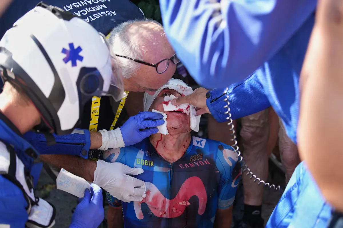 Movistar's Colombian Einer Rubio says goodbye to the Tour after violently colliding with a car on the collapsed ascent to Alpe d’Huez
