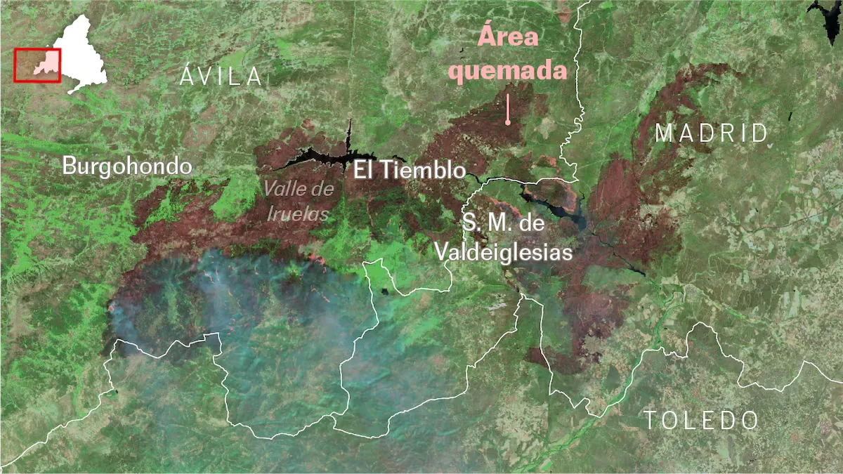 Maps | Data and satellite images show how the wind transformed the fires in Ávila and Madrid