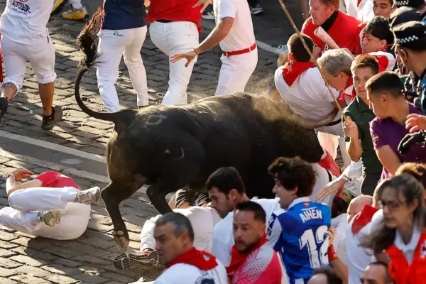 Tres corneados y siete contusionados en el vertiginoso y peligroso octavo y último encierro de los toros de Jandilla