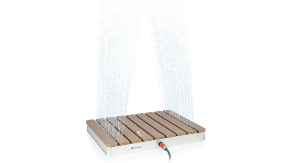 Outdoor shower for garden and terrace with wooden tray and adjustable height, portable design