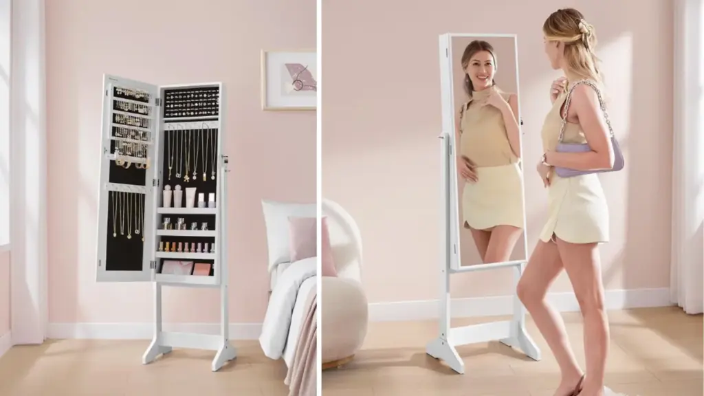 Well-organized jewelry and costume jewelry without tangles: the perfect vertical jewelry box with mirror for small bedrooms