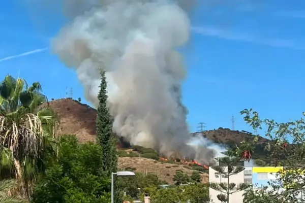 A fire burns forest in Collserola, above the Canyelles neighborhood of Barcelona