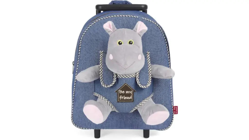Children's backpack with doll and wheels.
