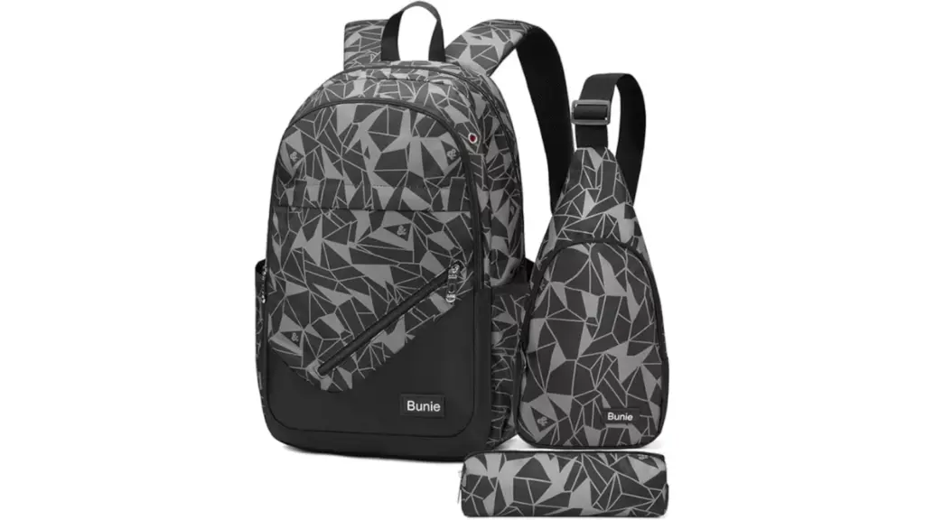 Backpack, shoulder bag, and school pencil case.