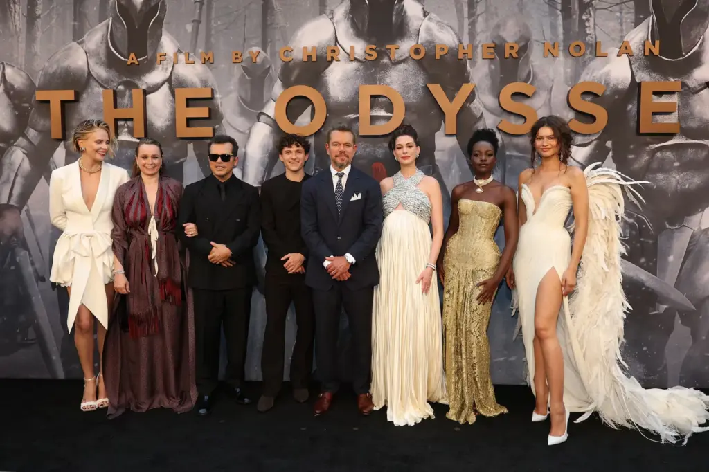 The cast of 'Odyssée,' from left to right, Charlize Theron, Samantha Morton, John Leguizamo, Tom Holland, Matt Damon, Anne Hathaway, Lupita Nyong'o, and Zendaya at the New York premiere on July 14, 2026.