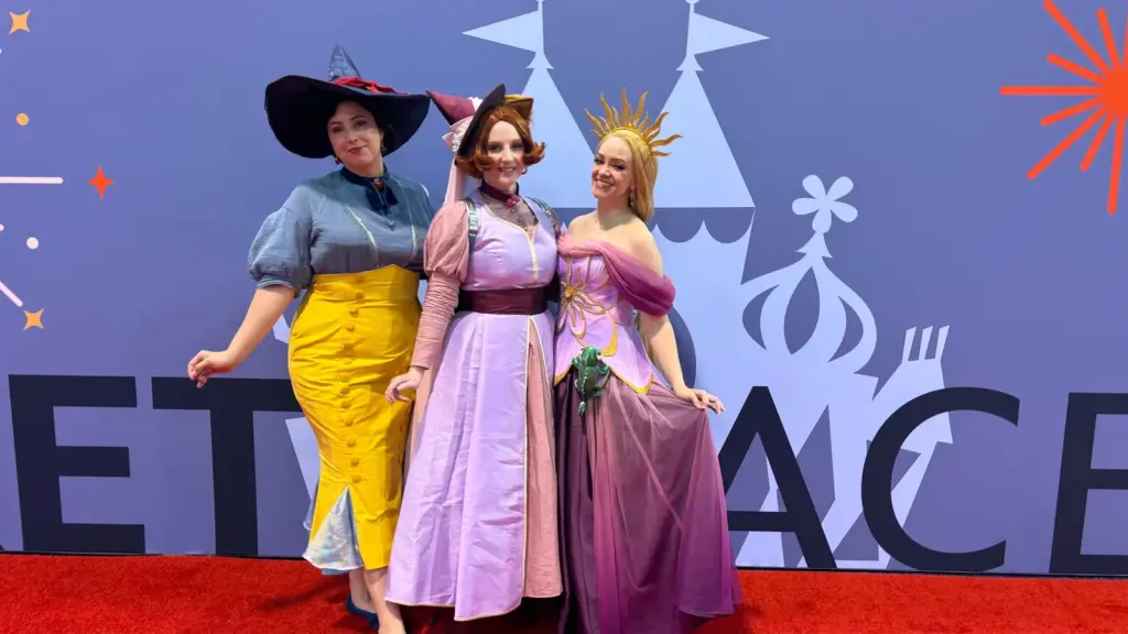 Three attendees at the D23 convention in Anaheim, California, held in August 2026. From left to right, Jessie from Oregon; Tori from California; and Lyn from Arizona.