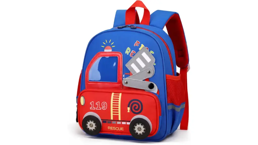 School backpack with fire truck design.