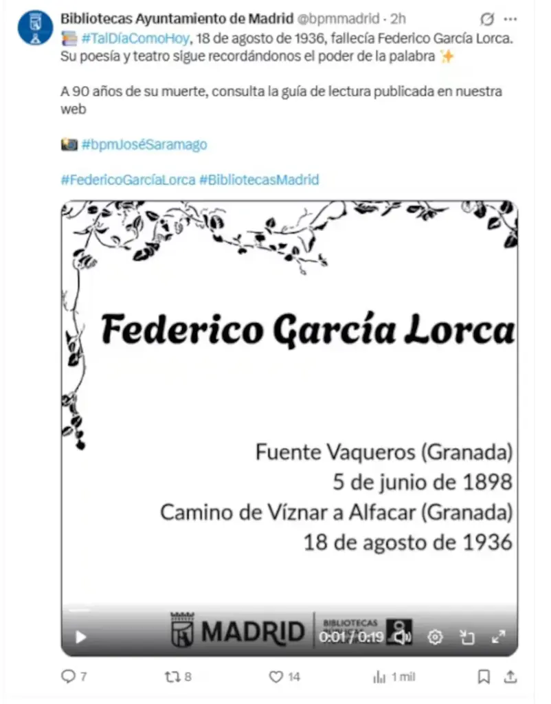 De Lorca “fallecido” a Lorca “asesinado”: la polémica del tuit retirado de las bibliotecas municipales de Madrid