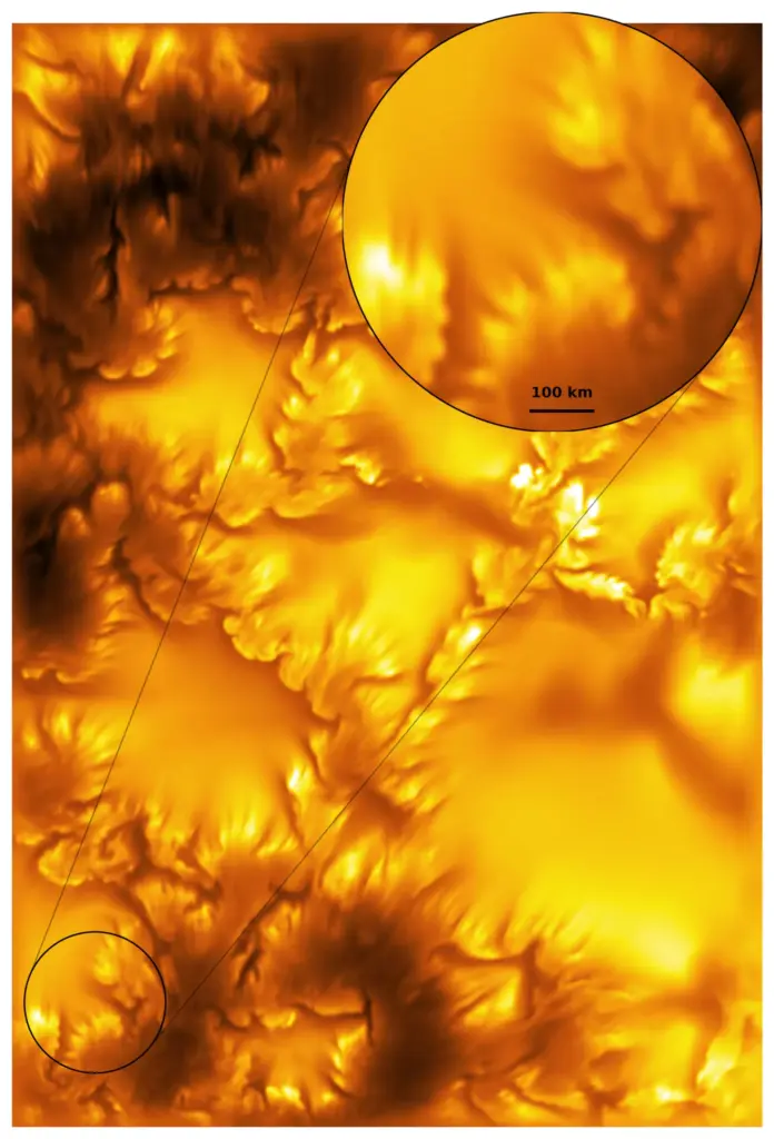 The box highlights the deformed magnetic boundaries and ultrafine dark streaks (signs of Kelvin-Helmholtz instability) at a scale of tens of kilometers.