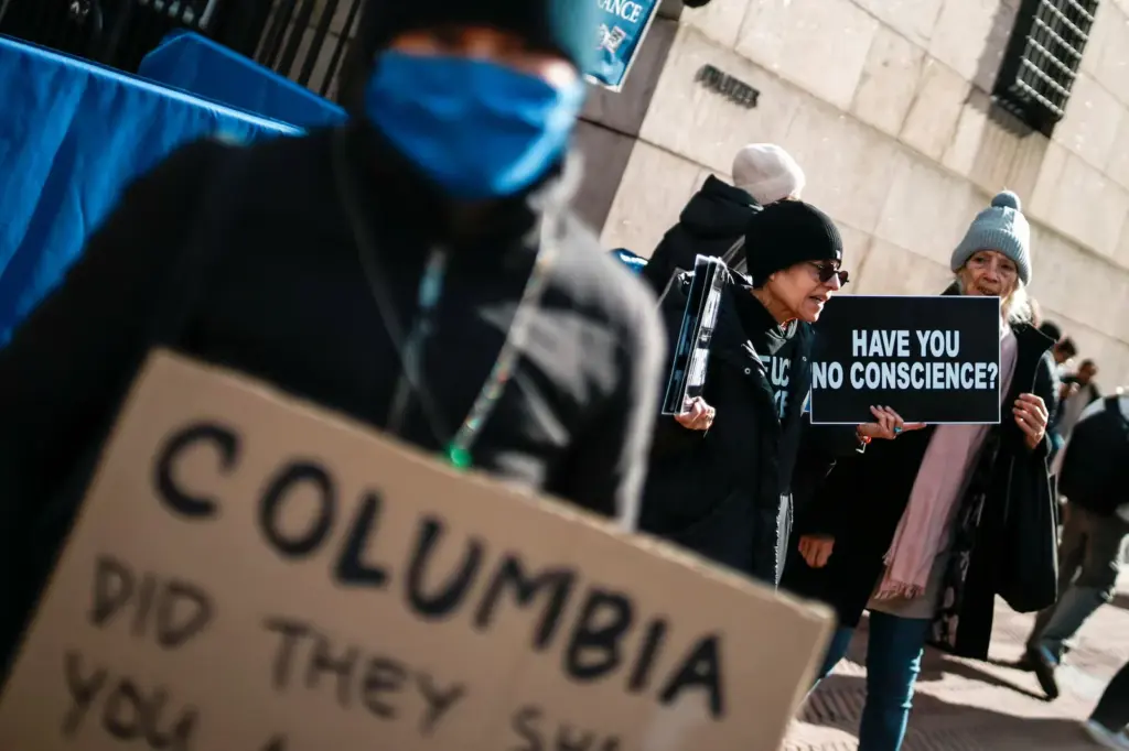 Several people participate in a demonstration in front of the Columbia University campus after agents from the U.S. Department of Homeland Security (DHS) detained a student in a university residence, in New York City, USA.