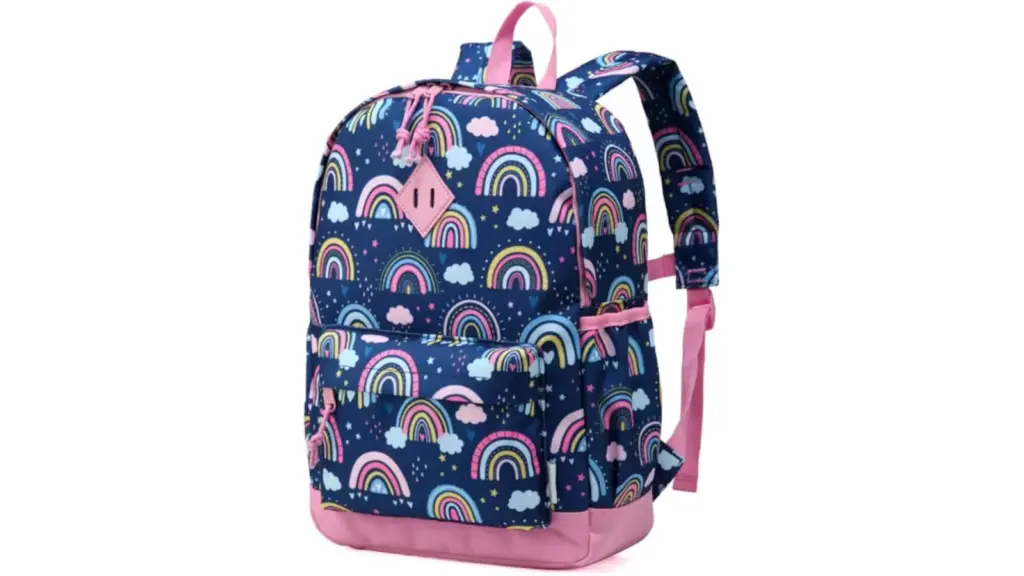 Children's backpack with rainbow design.