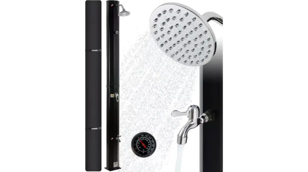 Solar shower for gardens or pools with garden hose connection, very easy to install