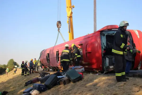 At least 12 dead as a Polish tourist bus overturns on a highway in Hungary