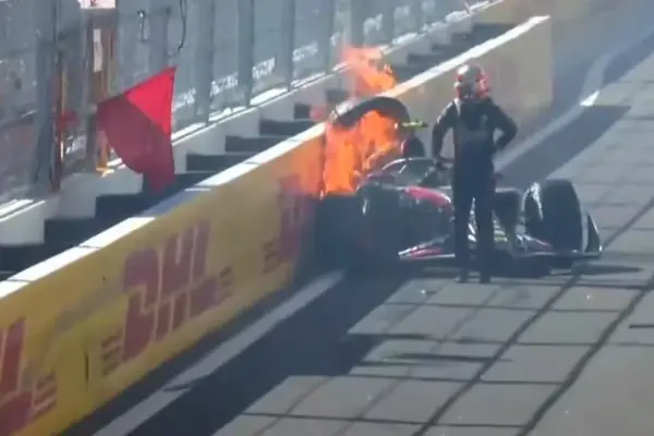 An accident at the Madring leaves a Formula 2 car engulfed in flames