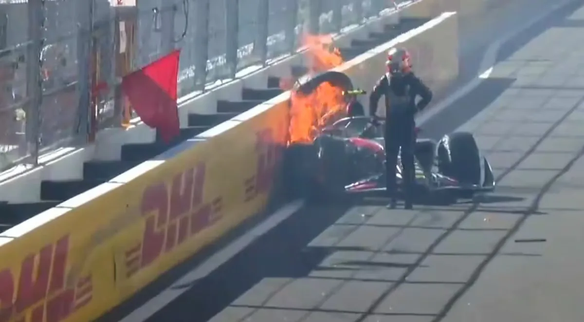 An accident at the Madring leaves a Formula 2 car engulfed in flames