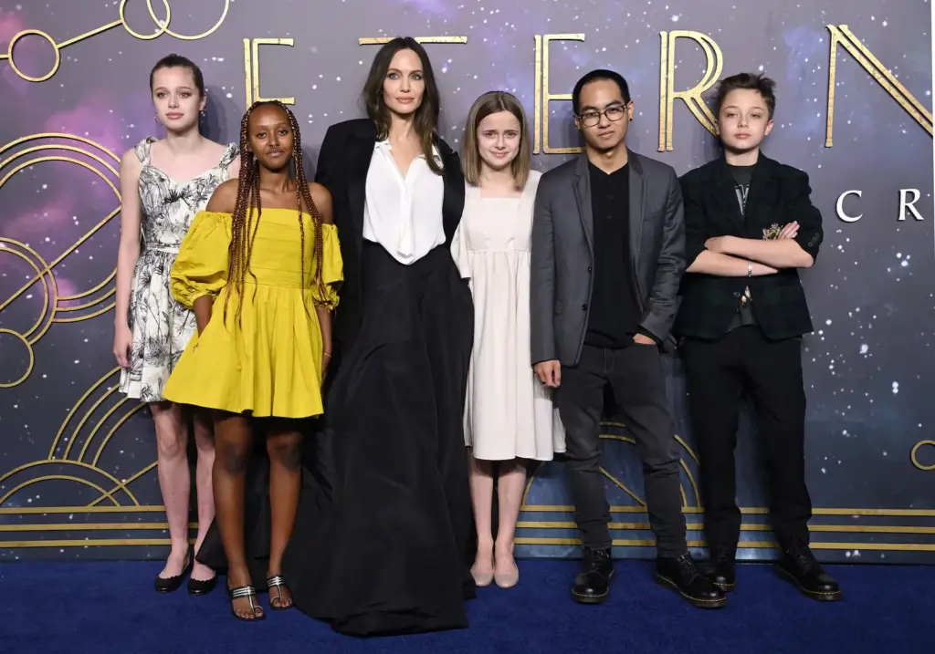 Angelina Jolie with five of her six children: Shiloh, Zahara, Vivienne, Maddox and Knox, in London
