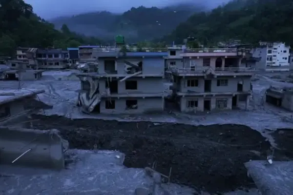 A drone shows the destruction in Nepal two weeks after the flood