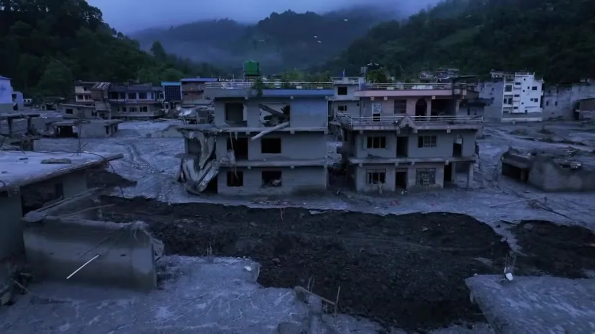 A drone shows the destruction in Nepal two weeks after the flood