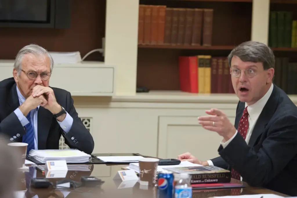 Donald Rumsfeld during his interview for the oral history program at the Miller Center. On the right, historian Russell Riley.