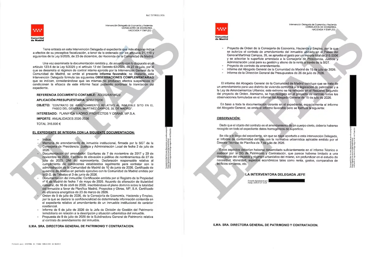 An internal report from the Ayuso Government states that the commitment to the penthouse was not "sufficiently" explained