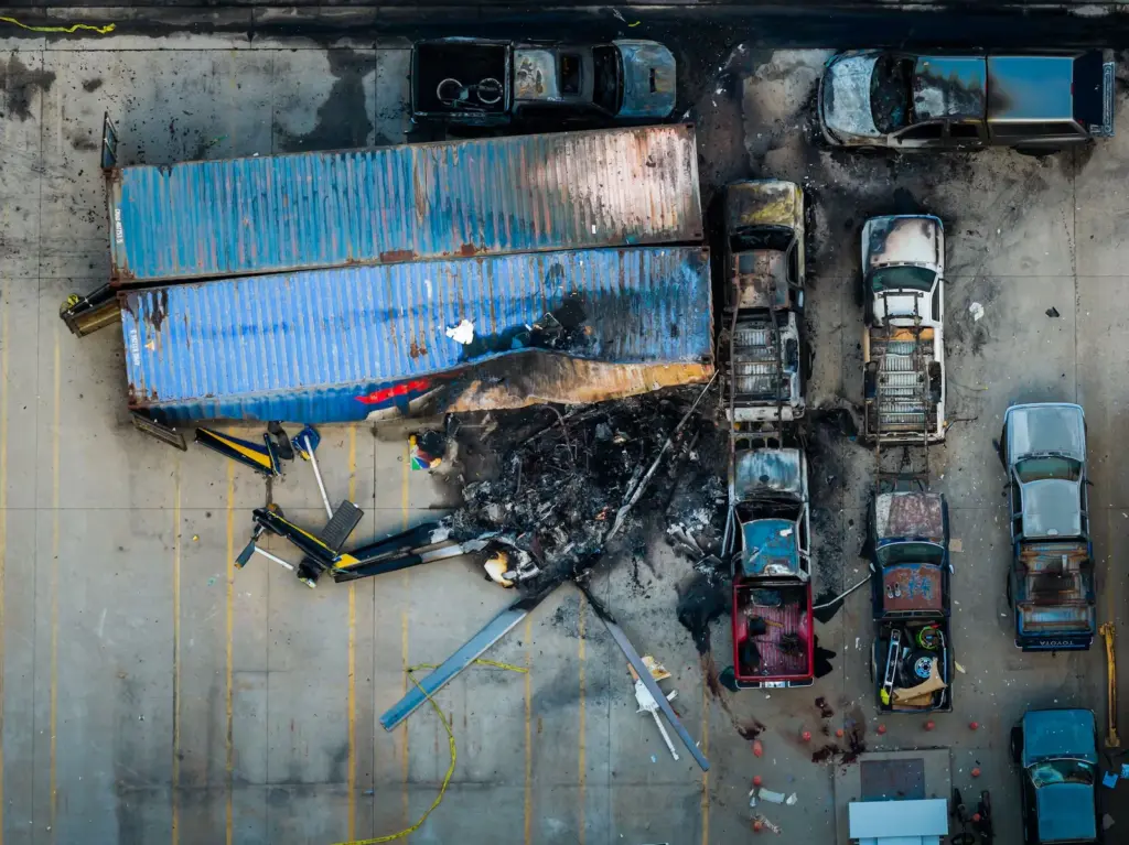 Aerial view of the damage caused by the crash of a news helicopter that crashed in Chatsworth, a neighborhood of Los Angeles, on Wednesday, September 16, 2026