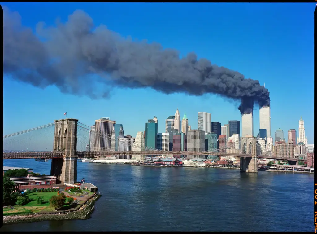 The Twin Towers at 9:20 in the morning on September 11, 2001, after the two planes crashed. Photo by David Monderer.