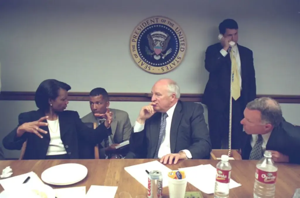 Vice President Dick Cheney listens to National Security Advisor Condoleezza Rice in the White House bunker on September 11, 2011.