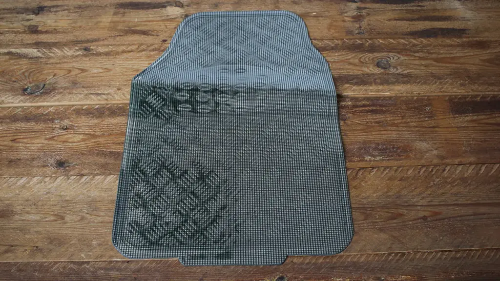 Car mats with a metal design.